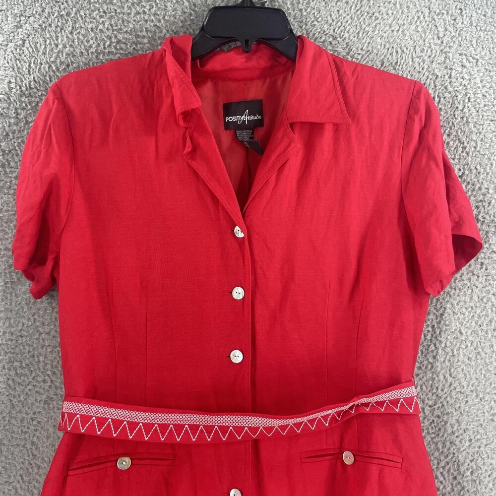 Positive Attitude Dress Womens 14 Red Linen Blend Button Front Midi Dress - Picture 9 of 15